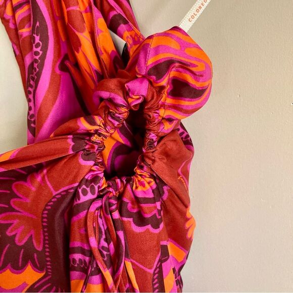 NEW FARM Rio Bold Floral Pink Midi Dress One Shoulder Cut-Out Beaded Ties Size L - Picture 11 of 16